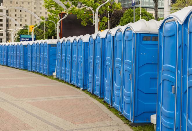 a row of portable restrooms at a fairground, offering visitors a clean and hassle-free experience in Cashion